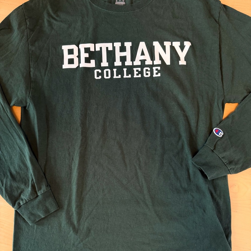 Adult L Champion Bethany College Green long sleeve T‑Shirt with White Lettering - Picture 5 of 6